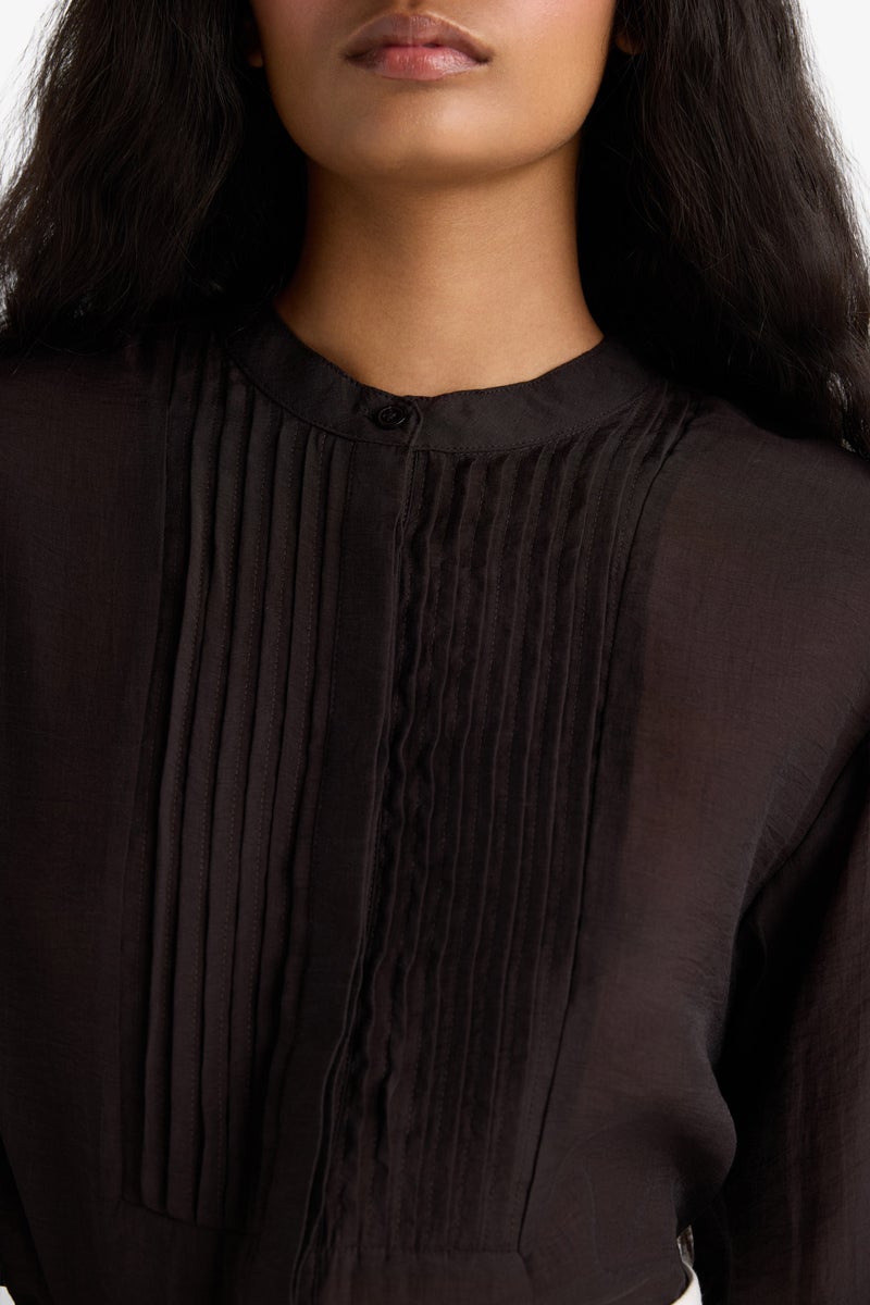 DeFacto Brown Woman Oversize Fit Grandad Collar Sensual Long Sleeve Shirt Casual - Image 4